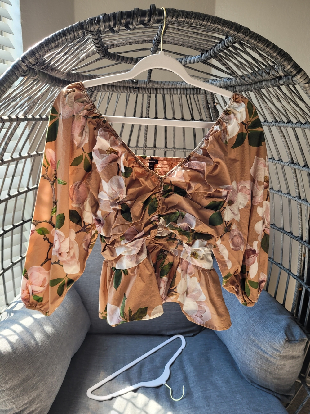 Express Floral Ruched Peplum Top in Tan and Green